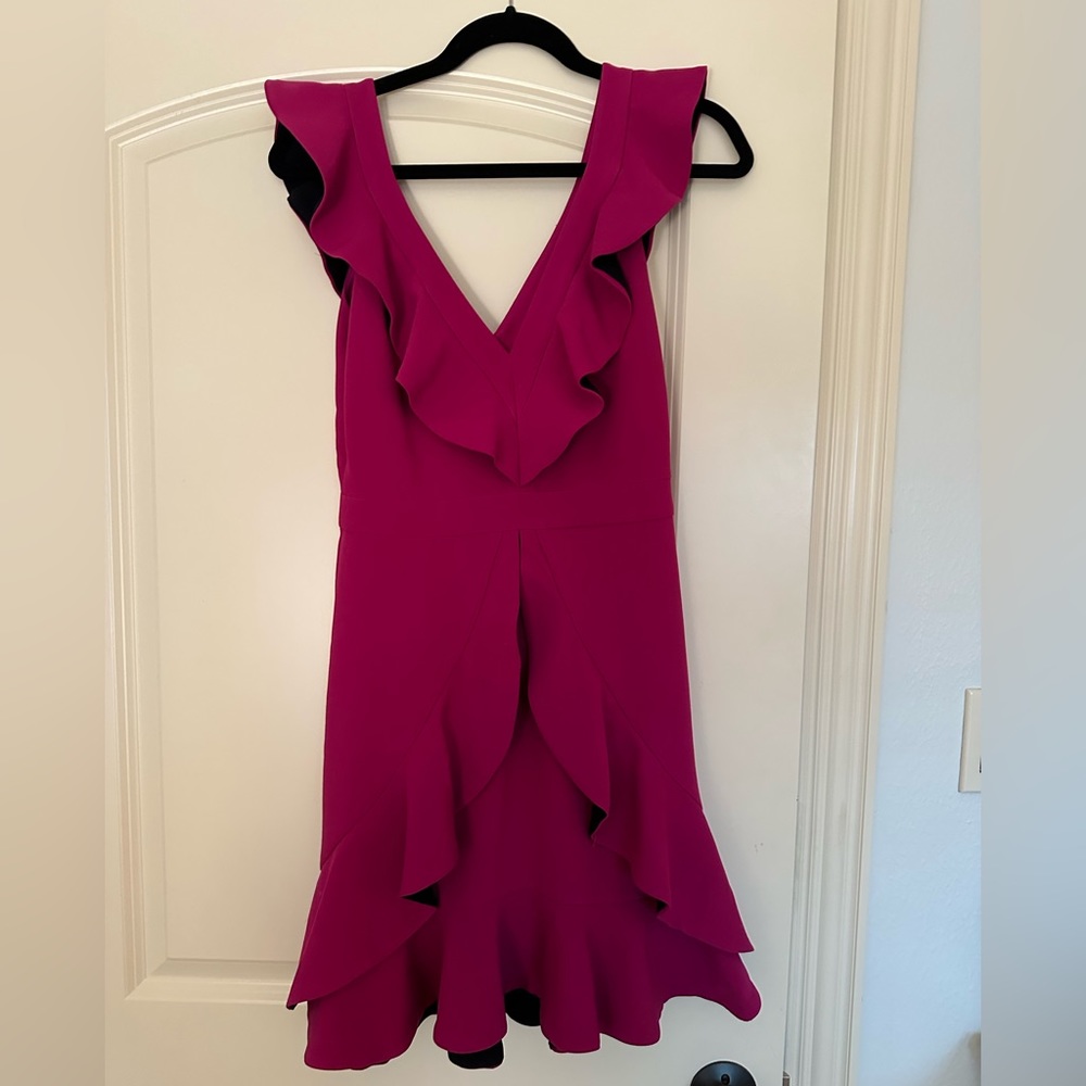 Aijeck mini fuchsia plunge cocktail dress, worn once, perfect for homecoming!